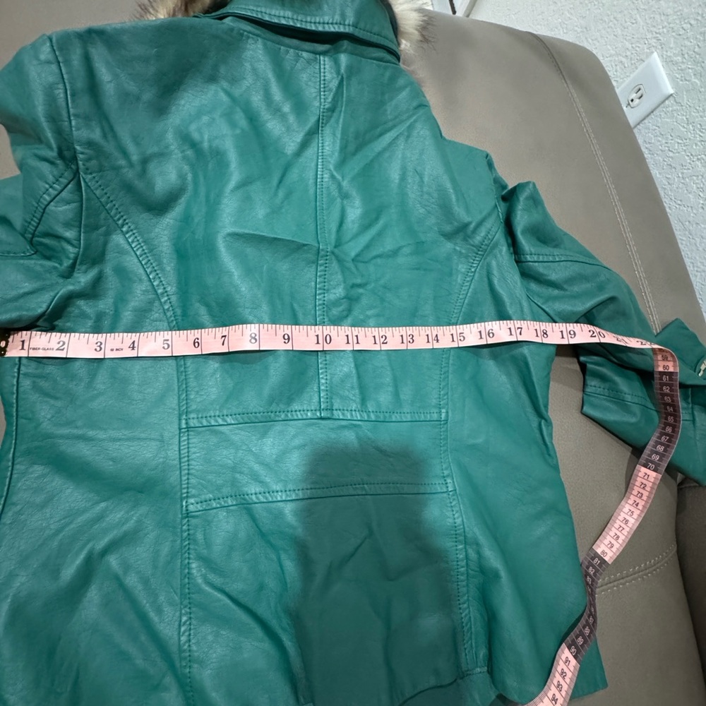 New York & Company Emerald Green Faux Leather Moto Jacket with Faux Fur Trim - Picture 12 of 14